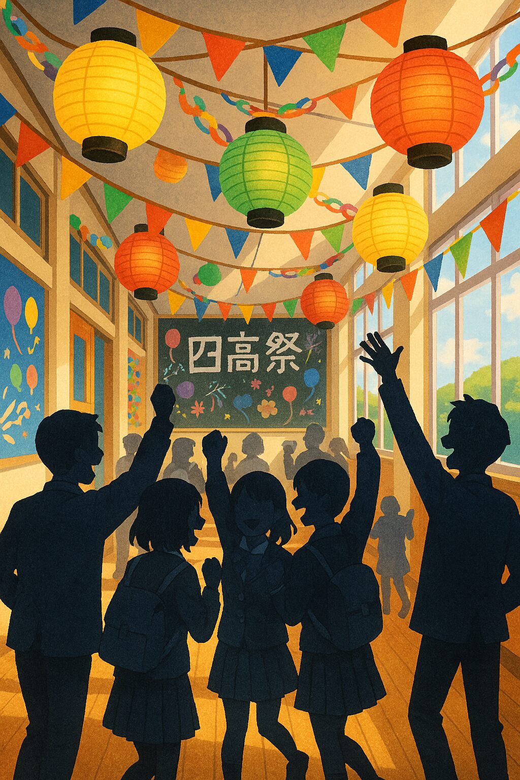 四日市高校の文化祭で提灯や旗が飾られた廊下を、高校生たちが笑顔で楽しんでいるイラスト