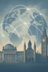 世界各国の議会建築物が並び、地球儀を背景に光のラインで国々がつながるイラスト。国際的な協力と政治の連携を象徴している。