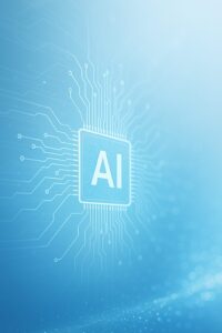 青を基調とした未来的なデザインの中に、AIチップと回路が広がるイメージ