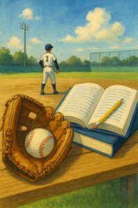 野球のグラウンドで、ベンチに置かれたグローブとボール、開かれた本と鉛筆が描かれた文武両道を象徴するイラスト