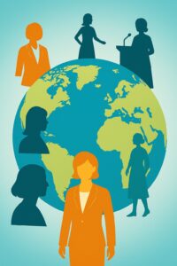 地球を背景に女性リーダーを象徴するシルエットが配置されたイラスト。世界に広がる女性トップの存在を表現。
