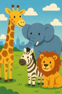 キリン、ゾウ、シマウマ、ライオンが芝生の上で仲良く並んでいるイラスト