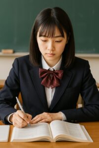 教室でブレザー制服を着た高校生がノートと本を使って勉強している様子