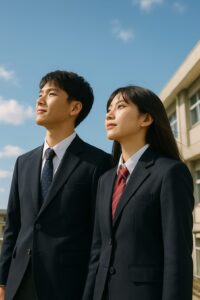 ブレザーの制服を着た高校生の男女が並んで青空を見上げている写真