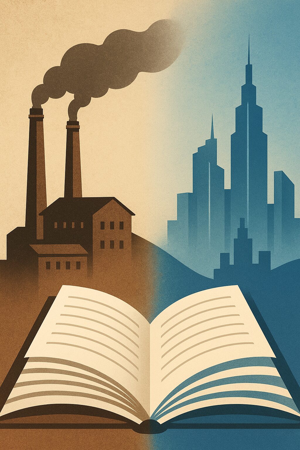 工場の煙突と未来都市を本がつなぐ、歴史の流れを象徴する教育的イラスト