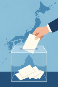 投票箱に投票用紙を入れる手と、日本地図を背景に描いたイラスト