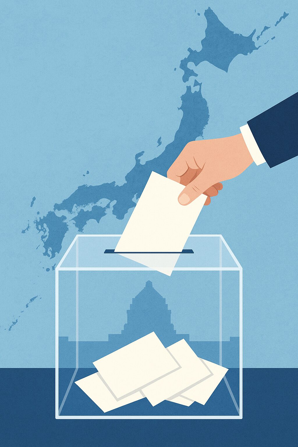 投票箱に投票用紙を入れる手と、日本地図を背景に描いたイラスト