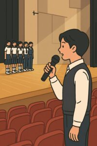 高校の講堂でプレゼンテーションを行う生徒のイラスト。マイクを持った男子生徒と、舞台上で並ぶクラスメートたちが描かれている。