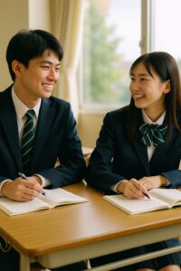 教室の窓際でノートを開き、笑顔で話す日本の高校生男女ペア。ブレザー制服に緑のストライプ柄のネクタイとリボンを身に着け、勉強への前向きな雰囲気を表している。