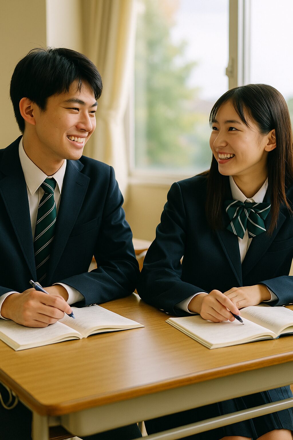 教室の窓際でノートを開き、笑顔で話す日本の高校生男女ペア。ブレザー制服に緑のストライプ柄のネクタイとリボンを身に着け、勉強への前向きな雰囲気を表している。
