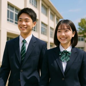 桑名高校の制服を着た男女の高校生が校舎の外を並んで歩いている様子