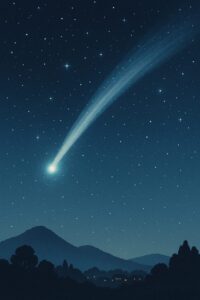 静かな夜空を背景に、尾を引くレモン色の彗星が流れるイラスト。地平線に山と街明かりのシルエットが描かれている。