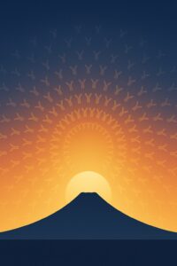 富士山のシルエットと初日の出。放射状に広がる薄いY字抗体の光で、日本のノーベル賞受賞を祝う抽象イラスト（縦長9:10、テキストなし）