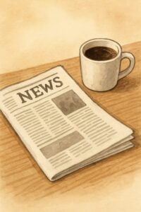 木の机の上に新聞とコーヒーカップが置かれたイラスト。柔らかな光が差し込む穏やかな雰囲気。