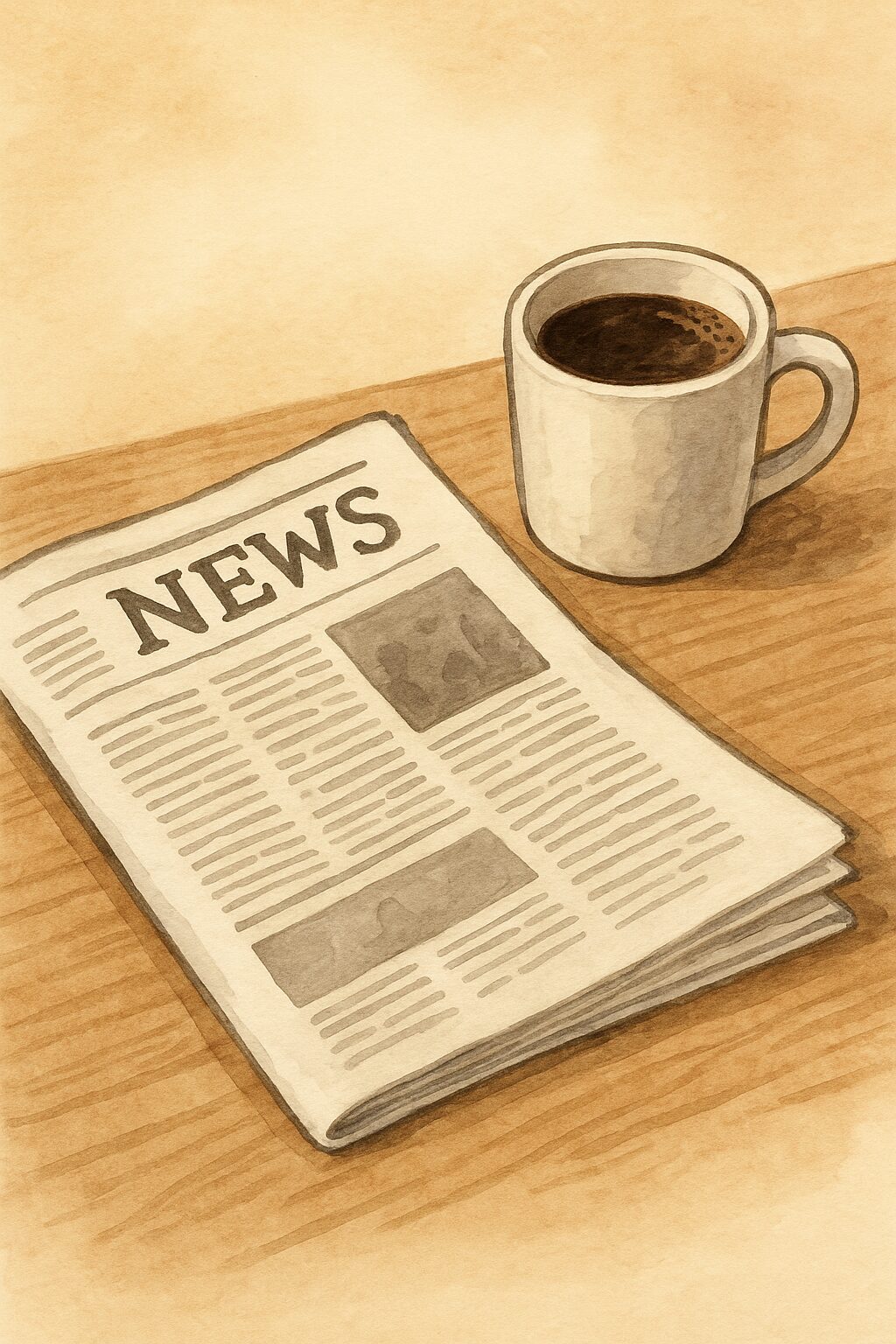 木の机の上に新聞とコーヒーカップが置かれたイラスト。柔らかな光が差し込む穏やかな雰囲気。