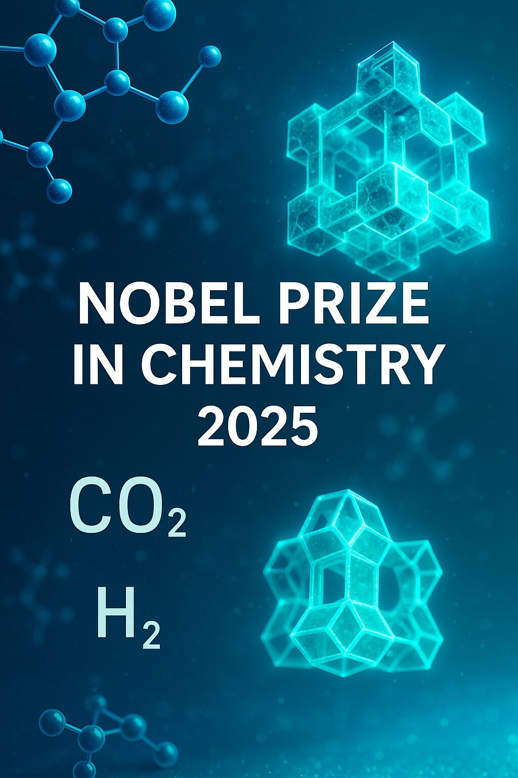 2025年ノーベル化学賞を受賞した北川進教授の研究「金属有機構造体（MOF）」をイメージした分子構造とCO2・H2の分子式が描かれた未来的なグラフィック