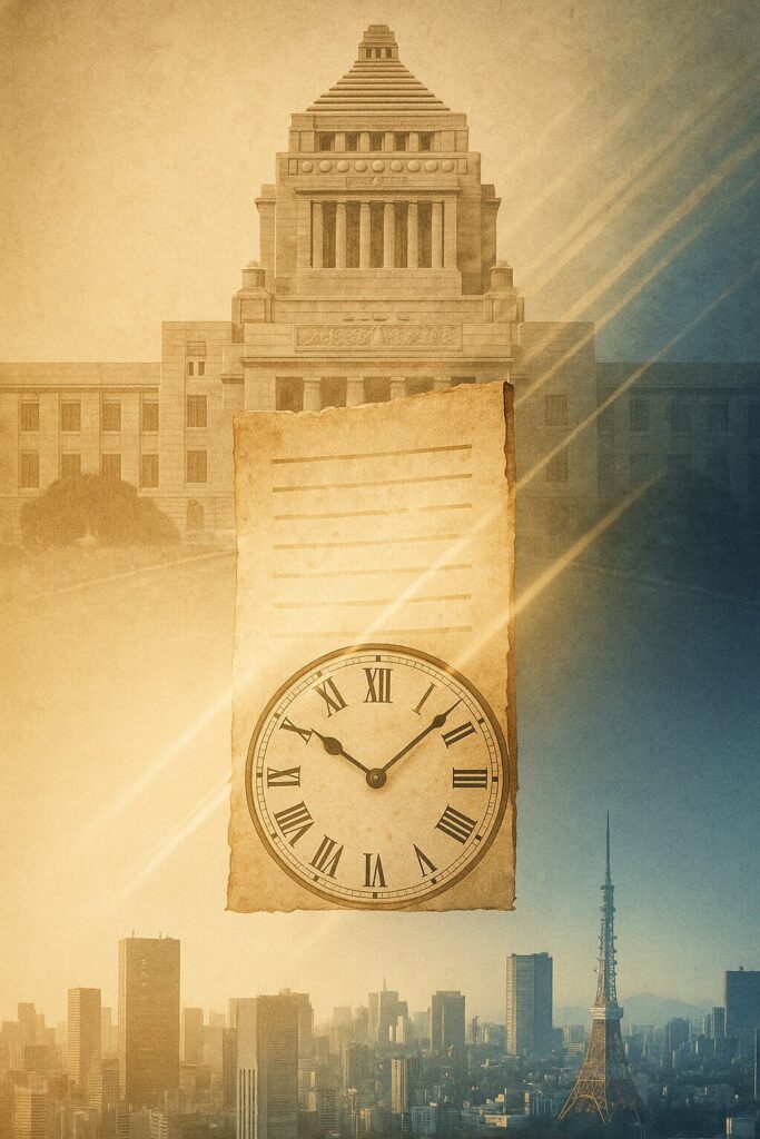 戦後の国会議事堂から現代の東京スカイラインへと移り変わる風景。時計と光の筋が時の流れを象徴し、日本政治の歴史の継続を表しているイラスト。