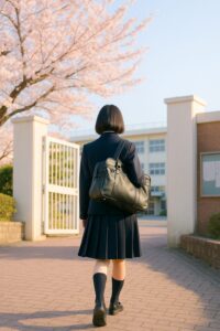 春の朝、桜が咲く並木道を校門へ向かって歩く制服姿の中学生の後ろ姿。