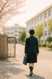 春の朝、逆光の中を高校の門へ向かって歩く制服姿の生徒。桜と新緑が柔らかく光る通学風景。