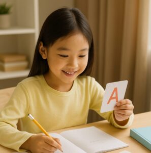 英語のアルファベットカードを使って勉強する小学生の女の子