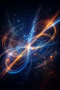 数学の世界観をイメージした青とオレンジの抽象アート。