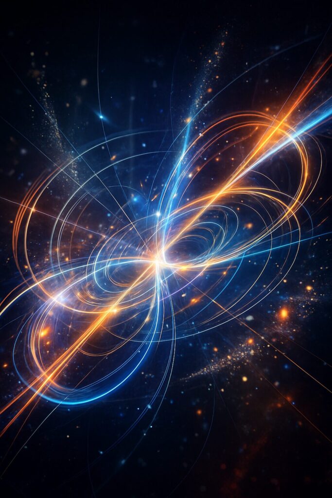 数学の世界観をイメージした青とオレンジの抽象アート。