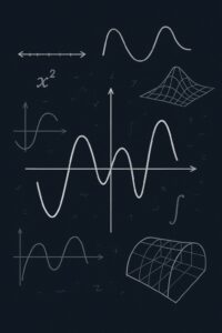 数学の曲線やグラフが暗い背景に描かれた抽象的なイラスト