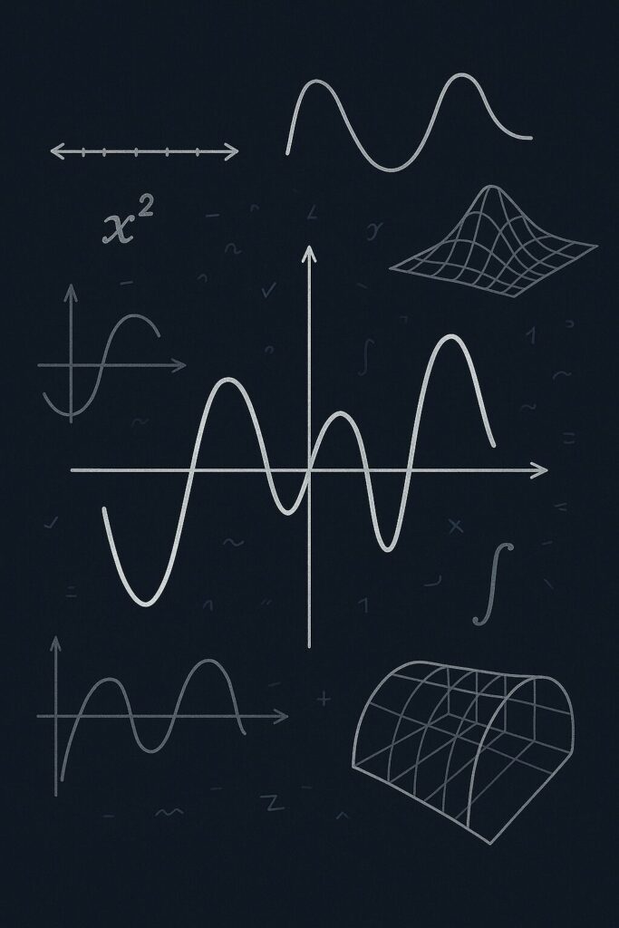 数学の曲線やグラフが暗い背景に描かれた抽象的なイラスト