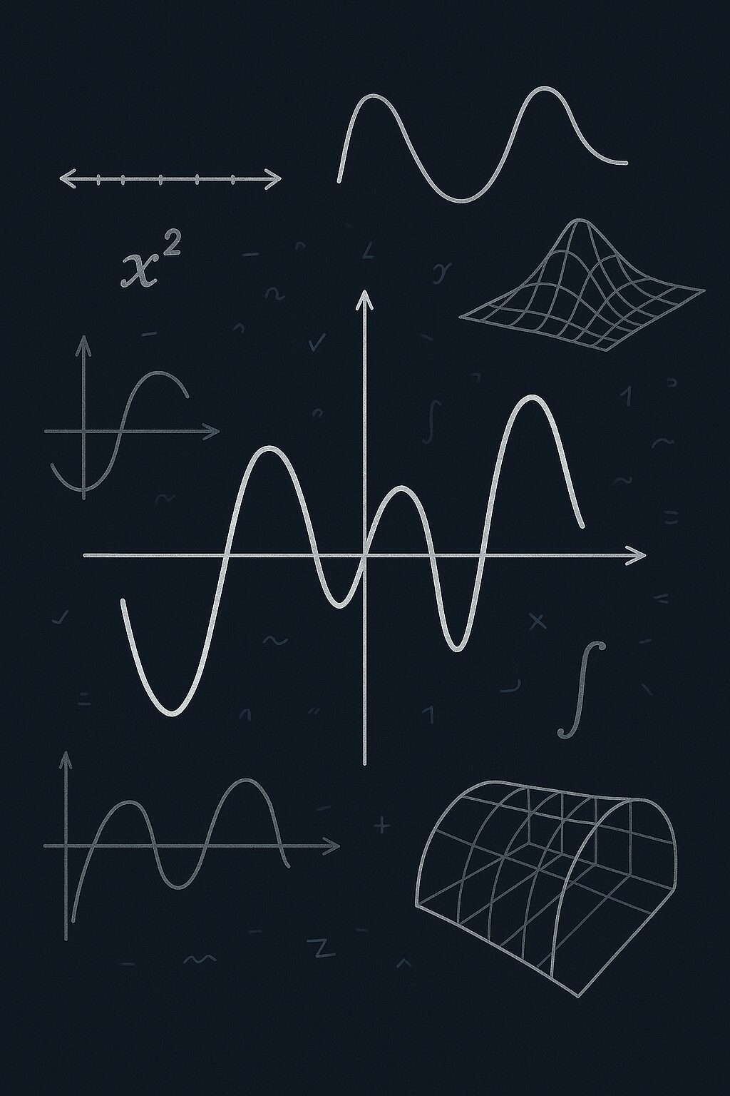 数学の曲線やグラフが暗い背景に描かれた抽象的なイラスト