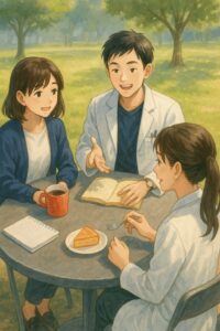 大学のキャンパスで屋外テーブルを囲み、学生たちが談笑しているイラスト。ノートやマグカップ、スイーツが並び、秋の午後の穏やかな雰囲気。