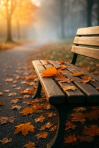 穏やかな朝の光が差し込む公園で、落ち葉が散り始めた晩秋の風景。