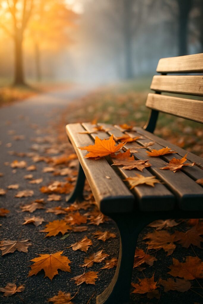穏やかな朝の光が差し込む公園で、落ち葉が散り始めた晩秋の風景。