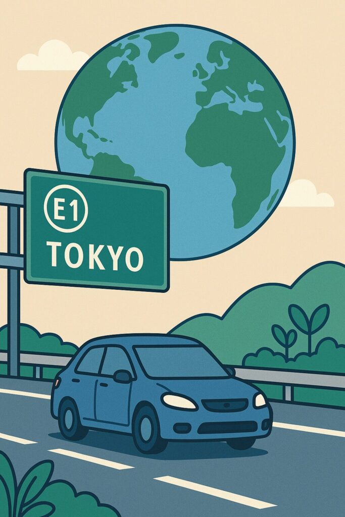 日本の高速道路を走る車と、その背後に描かれた地球をモチーフにしたイラスト。