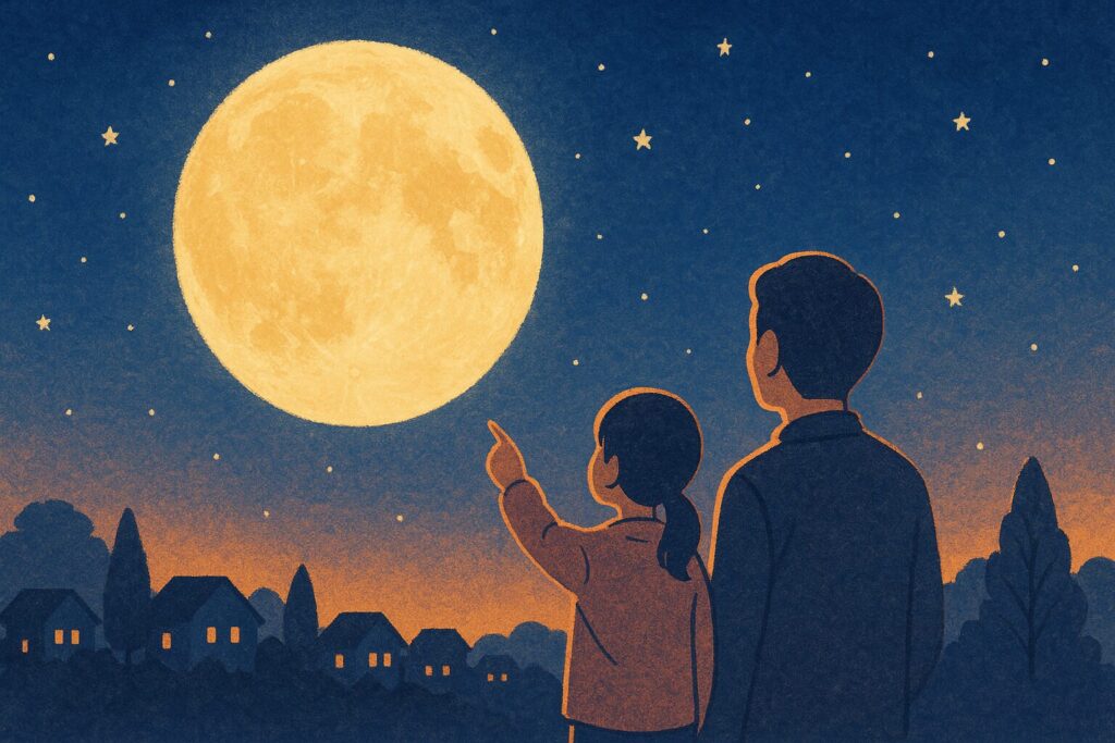 秋の夜、すすきの穂が揺れる草原の上に大きな満月が輝くイラスト