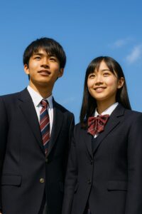 冬服の制服を着た中学生ペアが青空の下で前を見つめる様子