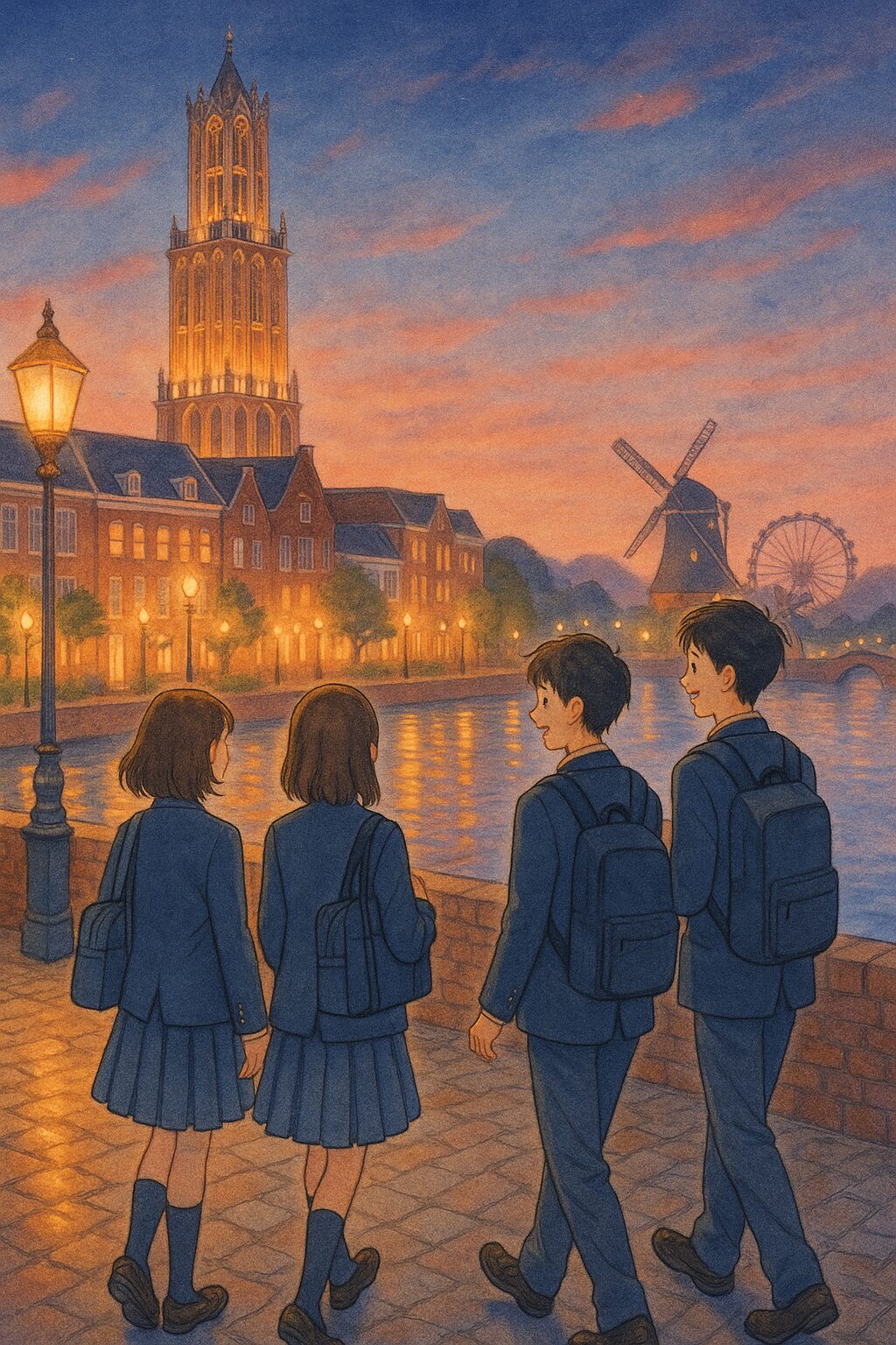 ハウステンボスの夕暮れを背景に、高校生たちが歩くイラスト