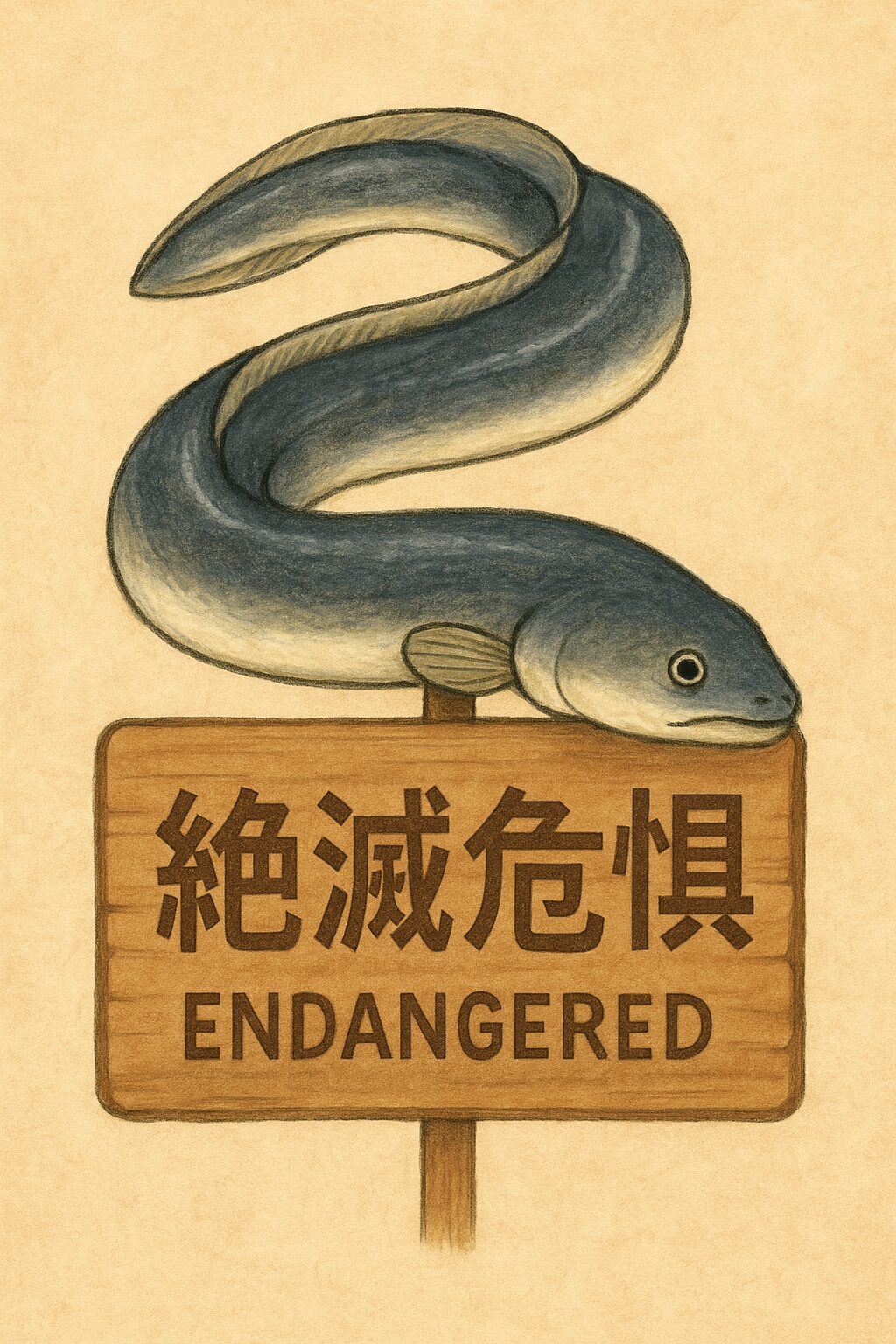 絶滅危惧種として描かれたニホンウナギの縦長イラスト
