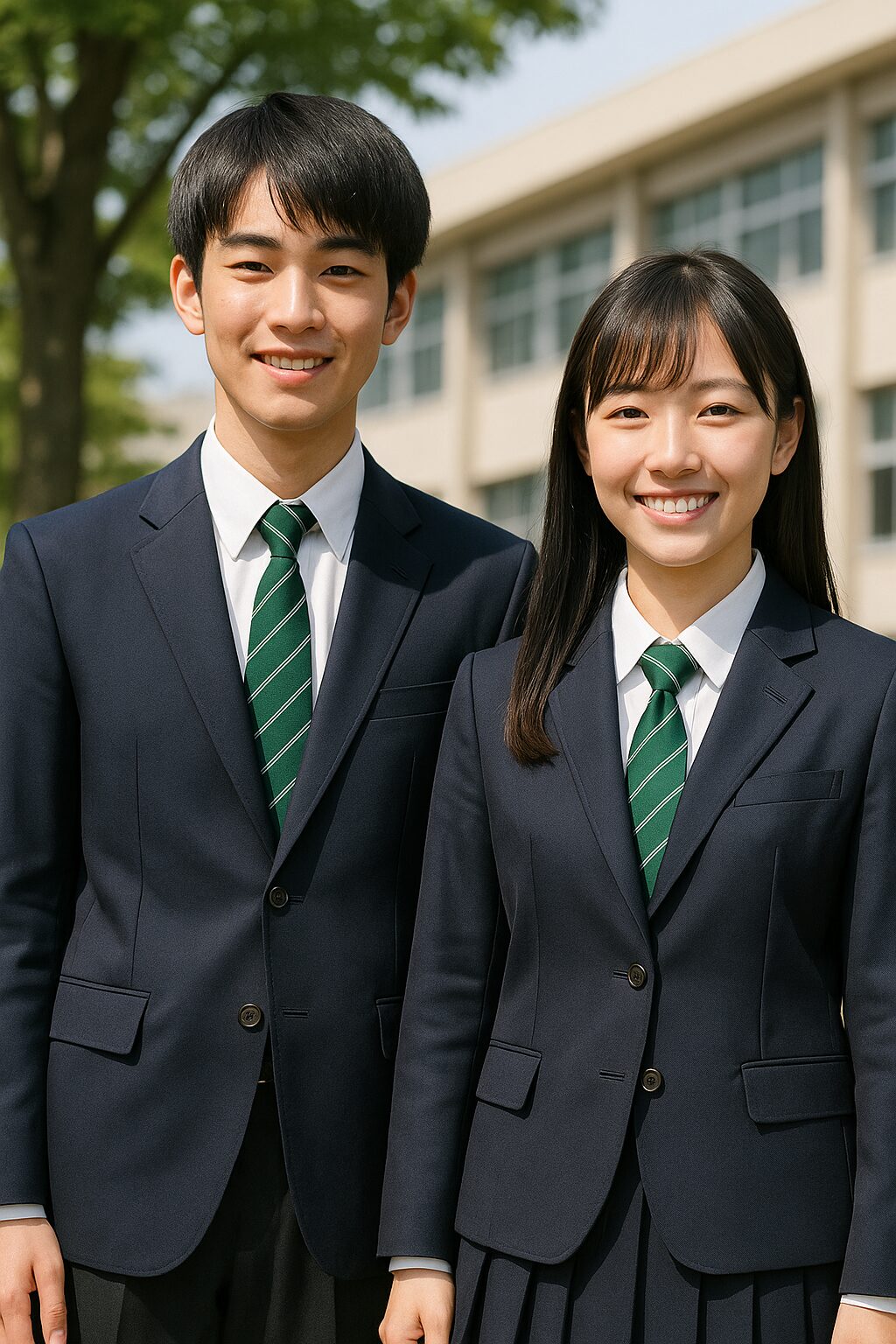 桑名高校の制服を着た男女の高校生が並んで立っている写真。ブレザーと緑のストライプのネクタイが特徴。