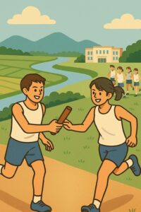 男女のランナーが田園風景の中でバトンを受け渡す様子を描いたイラスト