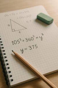 ノートの上に描かれた直角三角形と数式を、鉛筆と消しゴムとともに写した学習シーンの写真。