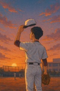 夕暮れのグラウンドで帽子を取り、空を見上げる高校球児のイラスト。オレンジ色の空に努力の余韻が漂う。
