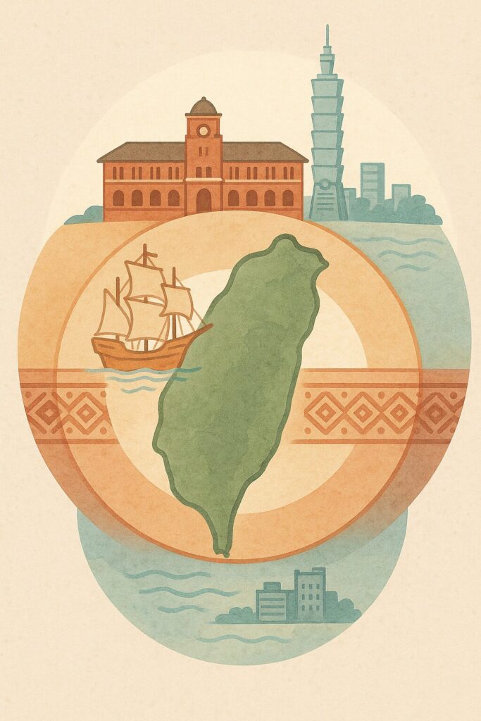 台湾の歴史を象徴するイラスト。中央の台湾島を中心に、オランダ船、日本統治時代の建物、現代の台北101などが円形に配置され、時代の移り変わりを表現している。