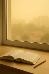 黄砂で外がかすむ日、窓辺で開いた本と鉛筆が置かれた静かな学習スペース