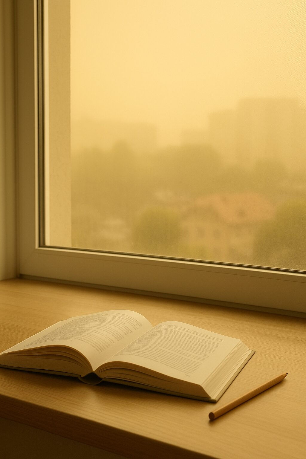 黄砂で外がかすむ日、窓辺で開いた本と鉛筆が置かれた静かな学習スペース