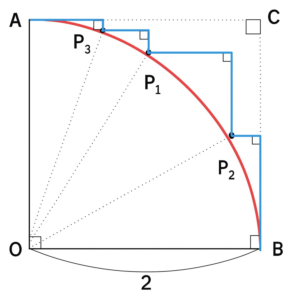 数学の世界には、ときどき私たちの直感をくすぐる“不思議な現象”が現れます。
今回取り上げるのは、SNS などでも人気のある 「π=4 の証明(?)」 と呼ばれる有名なパラドックスです。