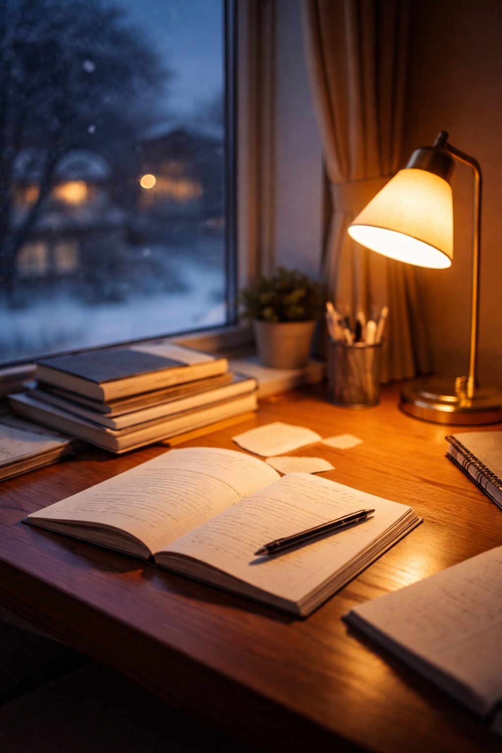 冬の夜、机の上でノートと参考書を広げて勉強する様子を写した暖かな雰囲気の写真