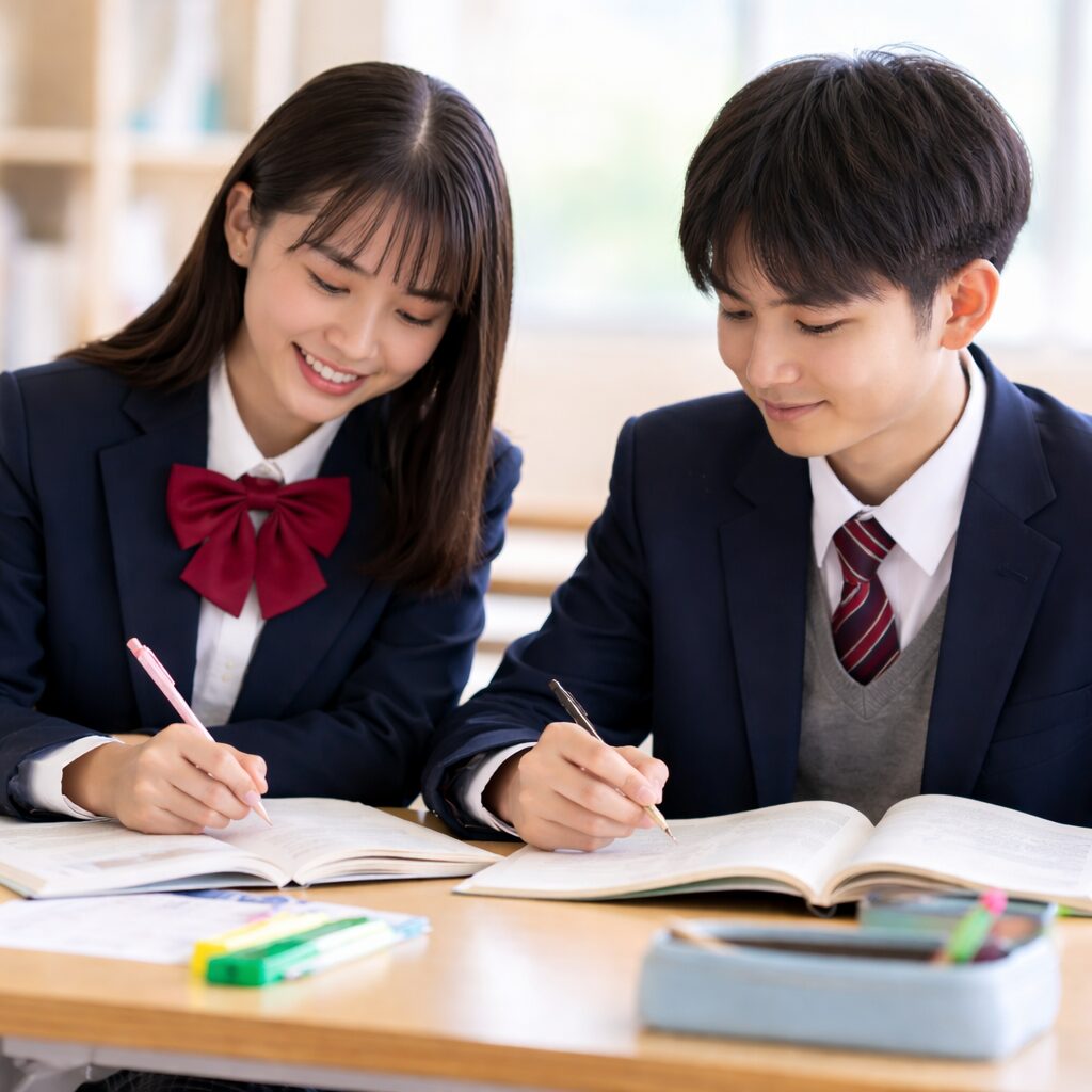 教室で並んで勉強する制服姿の高校生男女