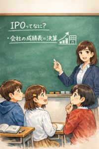 黒板でIPOの意味を説明する先生と話を聞く中学生のイラスト
