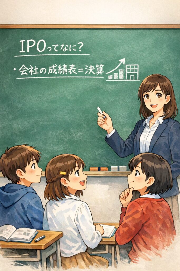 黒板でIPOの意味を説明する先生と話を聞く中学生のイラスト