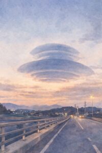 桑名市の橋の上空に現れたレンズ雲を描いたイラスト